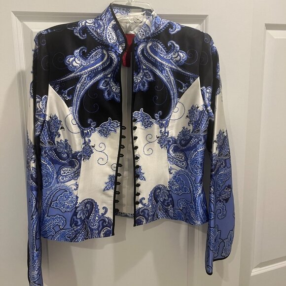 JS Collections Womens Kimono Style Silk Jacket Blue/White Paisley/Floral - Picture 1 of 3